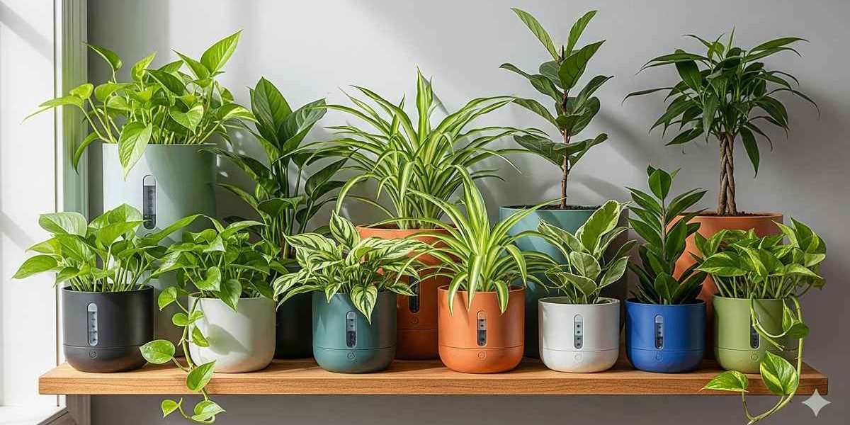 prateleira cheia de plantas saudáveis em vasos autoirrigáveis, com a folhagem exuberante