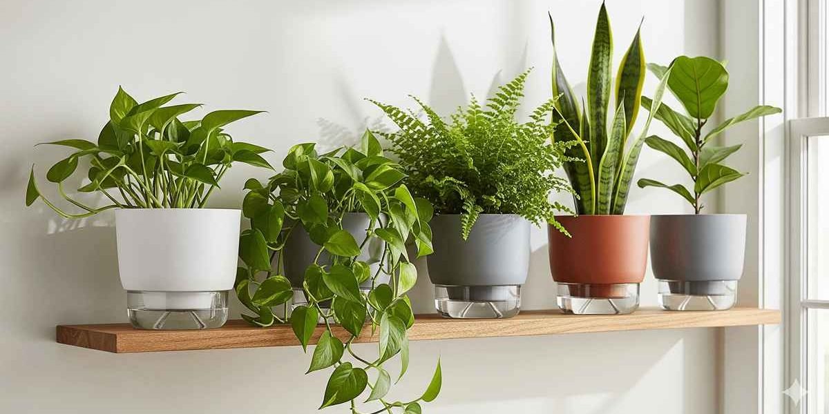 prateleira cheia de plantas saudáveis em vasos autoirrigáveis, com a folhagem exuberante